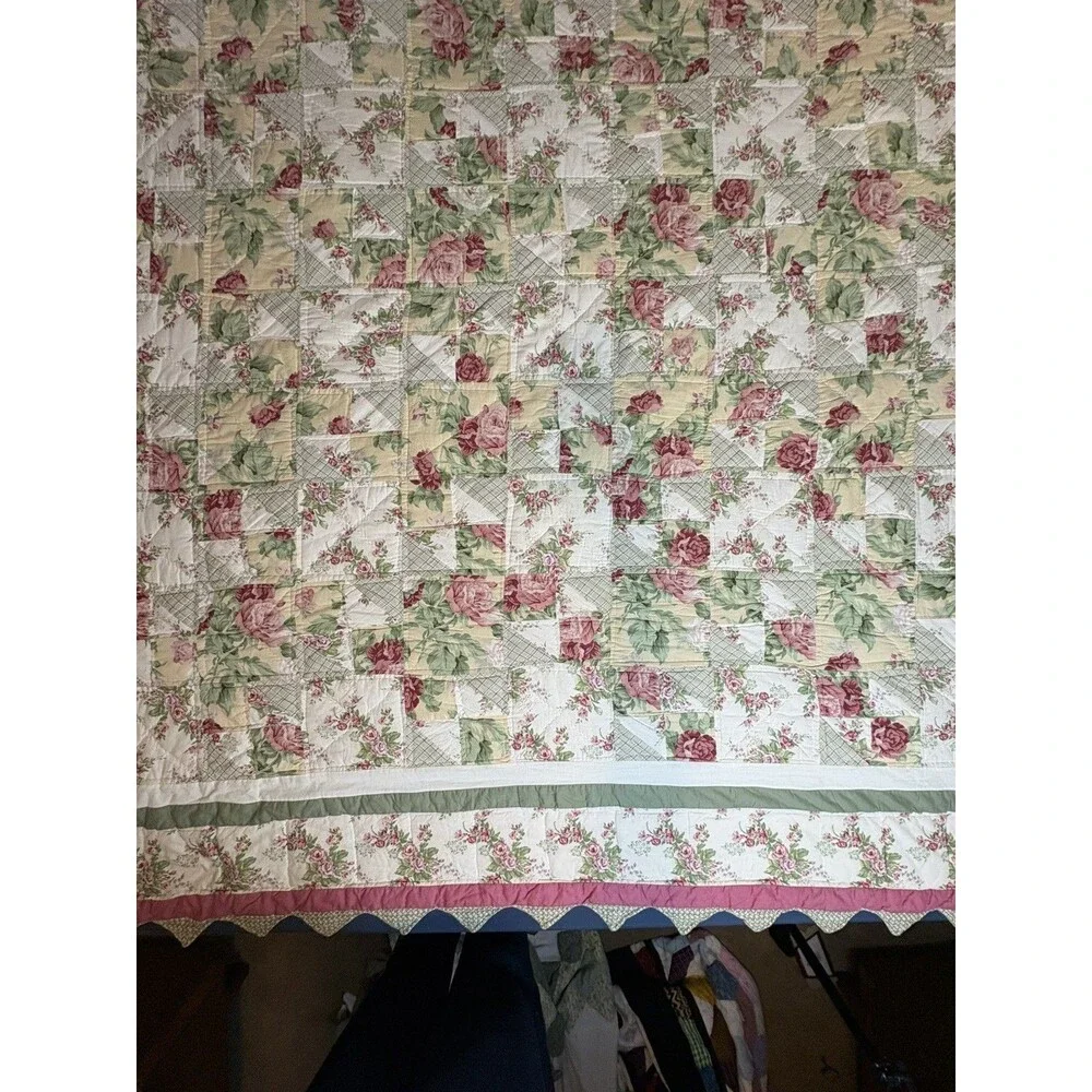 Vintage Floral Pink Green Scalloped Edges Some Staining See Pics 76”x76”